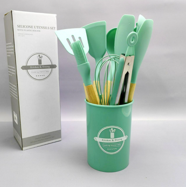 Набор кухонных принадлежностей с подставкой и деревянной ручкой 12 предметов Utensils Set / Подарочный силиконовый набор, БИРЮЗОВЫЙ